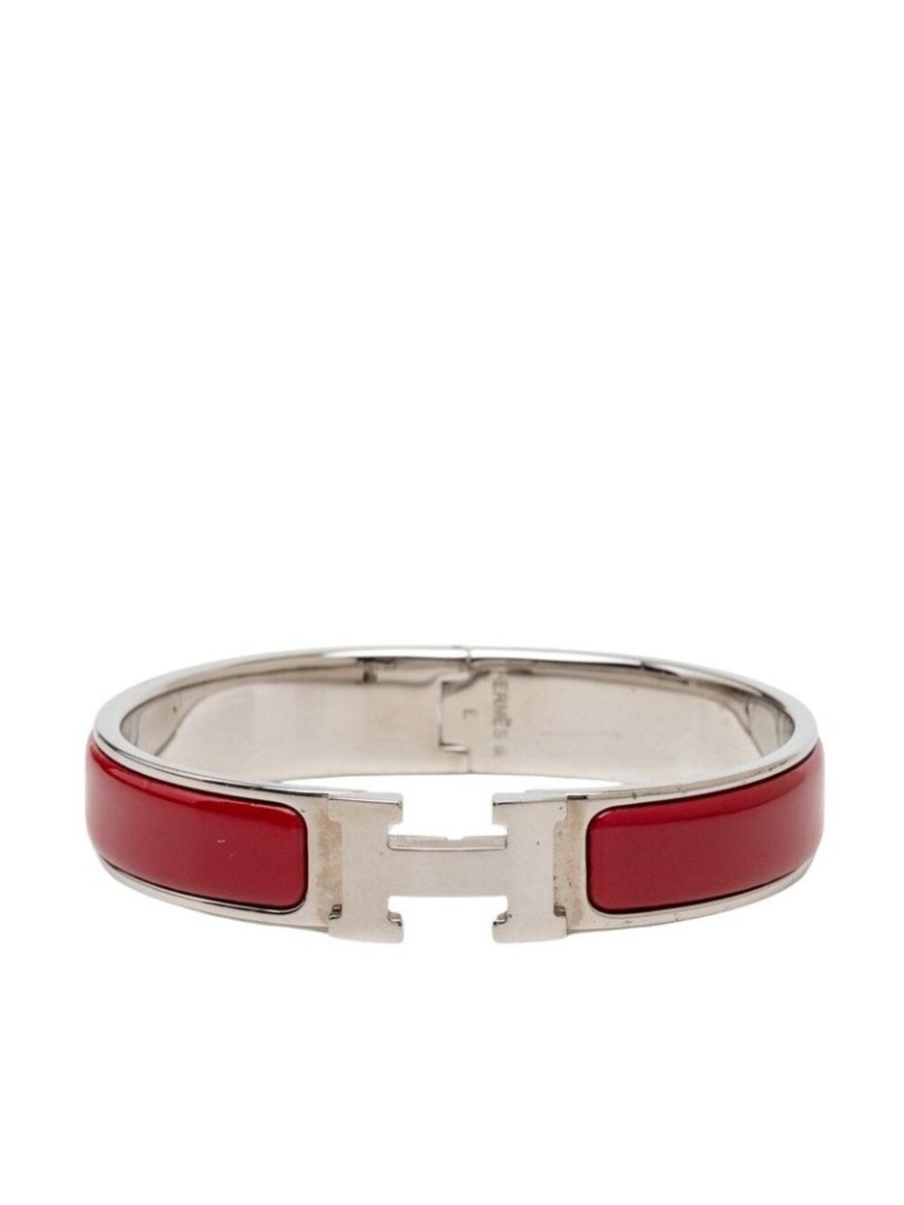 Hermes Click PM Bracelet Bangle Silver Red Bordeaux Metal Enamel